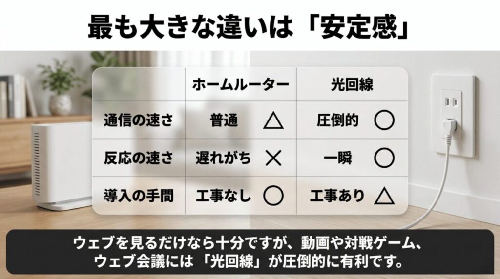 ホームルーターと光回線を通信速度、反応速度、導入の手間で比較したスライド