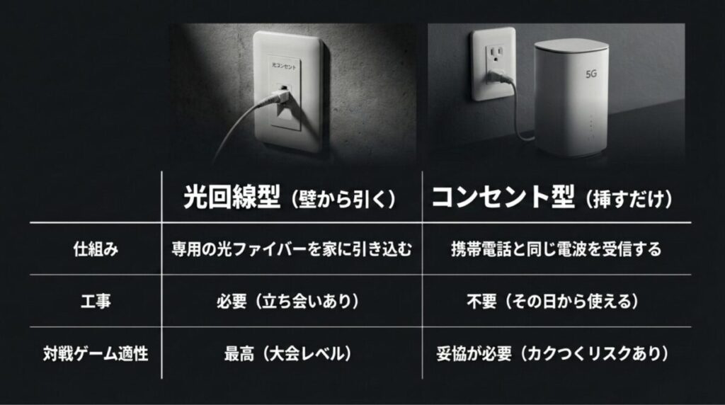 光回線型ルーターとコンセント型ホームルーターの仕組み、工事の有無、対戦ゲーム適性を比較した表