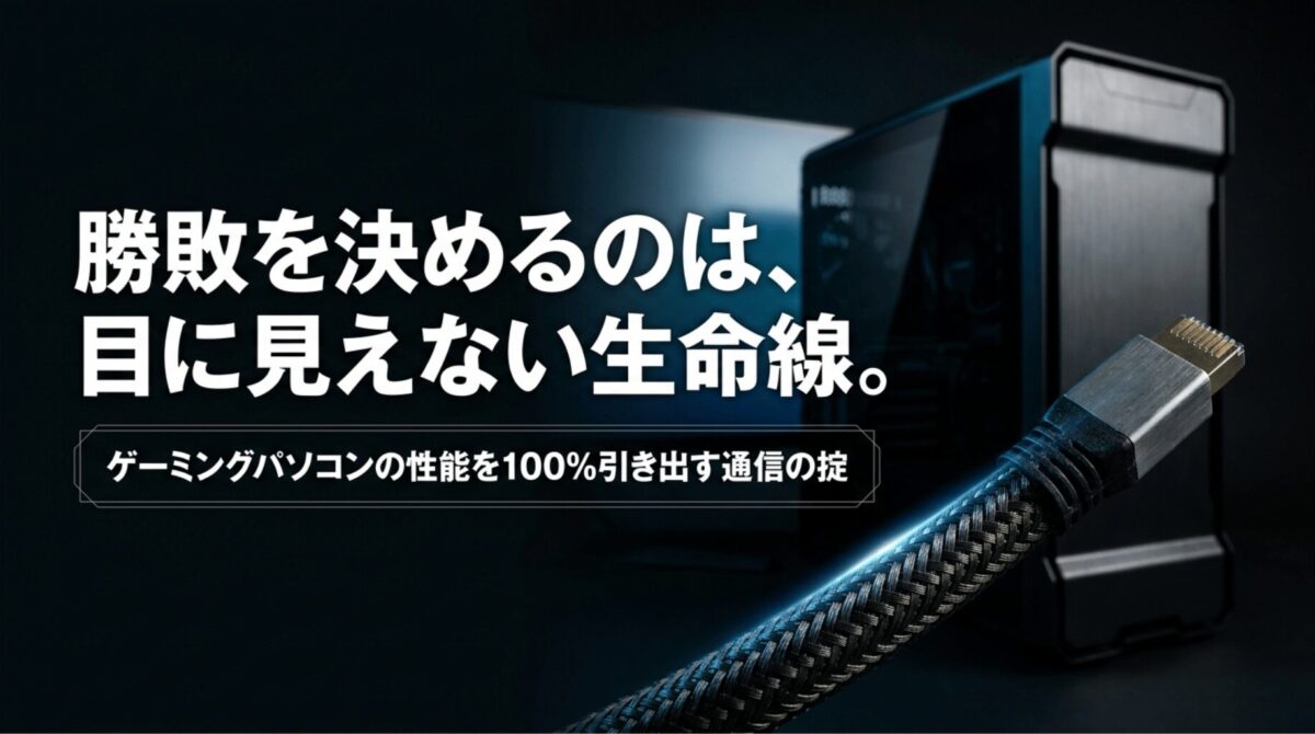 ゲーミングPCとLANケーブルを背景に、勝敗を決めるのは目に見えない通信環境であることを示したスライド