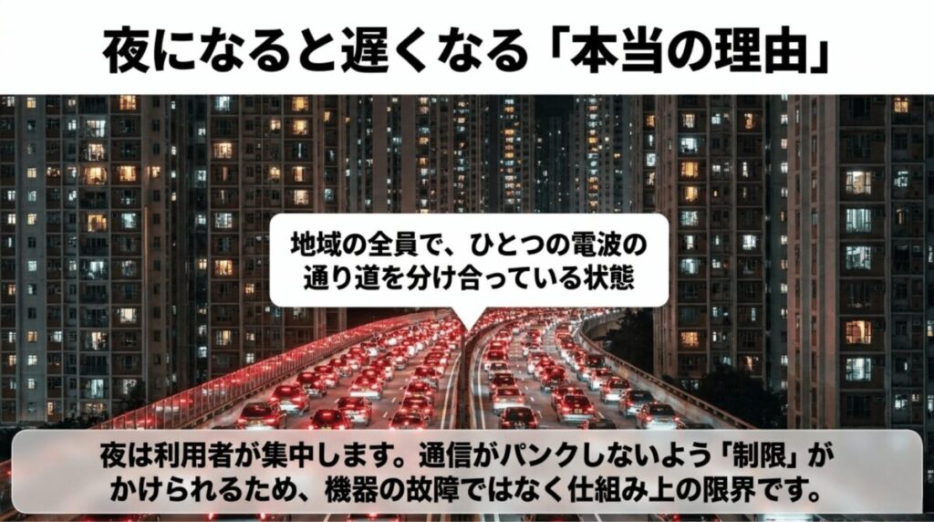 夜間は利用者が集中し、地域のユーザーで電波の通り道を分け合うため通信が遅くなることを説明したスライド