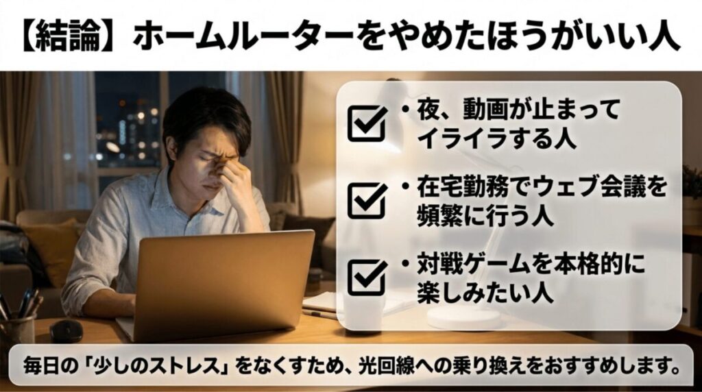 夜に動画が止まる人、在宅勤務でWeb会議を頻繁に行う人、対戦ゲームを本格的に楽しみたい人は光回線への乗り換えがおすすめであることを示したスライド