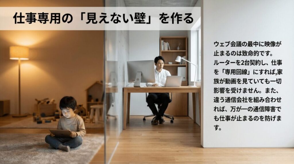 家庭内の動画視聴と仕事用ネットワークを分け、Web会議への影響を防ぐイメージスライド