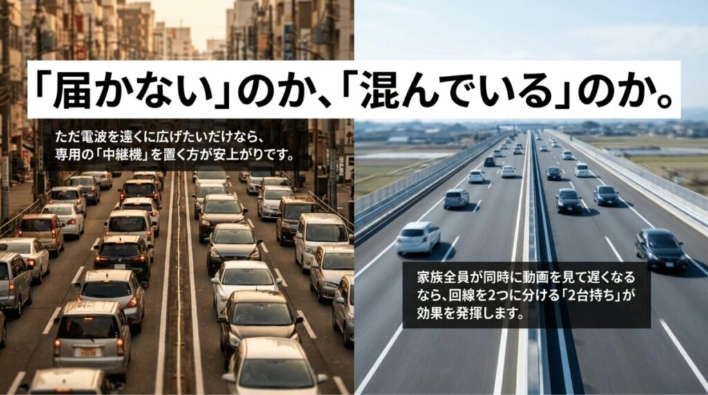 電波が届かない場合と回線が混んでいる場合を道路の混雑イメージで比較したスライド