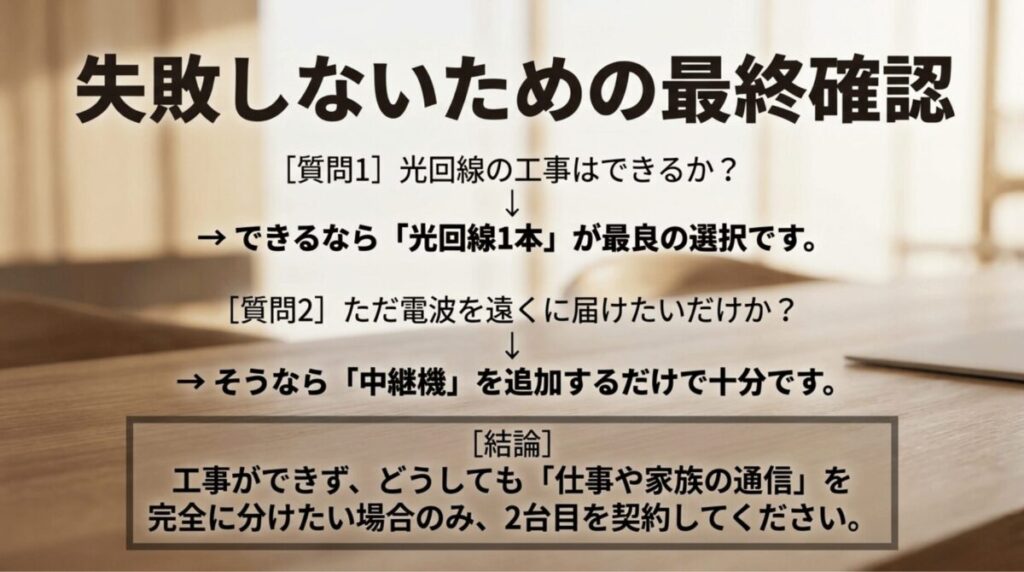 光回線工事の可否、電波改善の目的、2台契約が必要なケースを整理した最終確認スライド