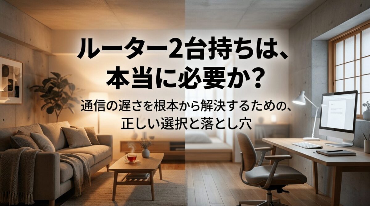 リビングと書斎を背景に、ルーター2台持ちが本当に必要かを問いかけるスライド