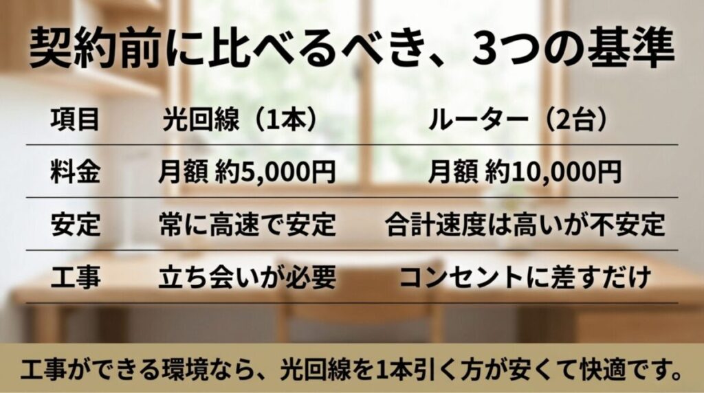 光回線1本とホームルーター2台の料金、安定性、工事の有無を比較した表のスライド
