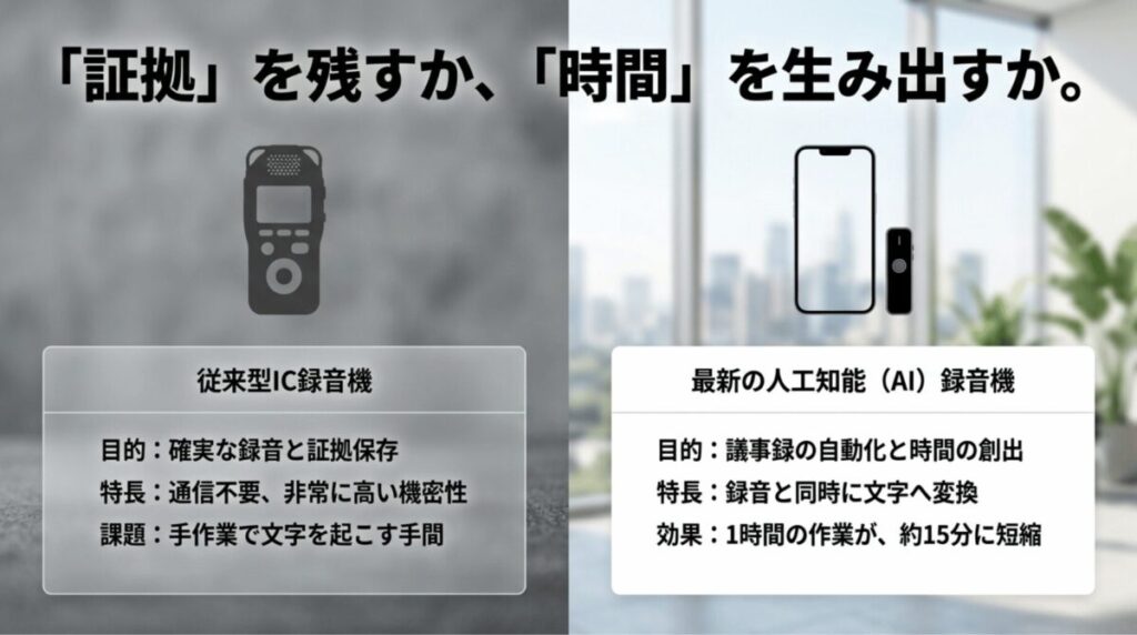 従来型ICレコーダーは証拠保存、AIボイスレコーダーは議事録自動化と時間短縮に向くことを比較したスライド