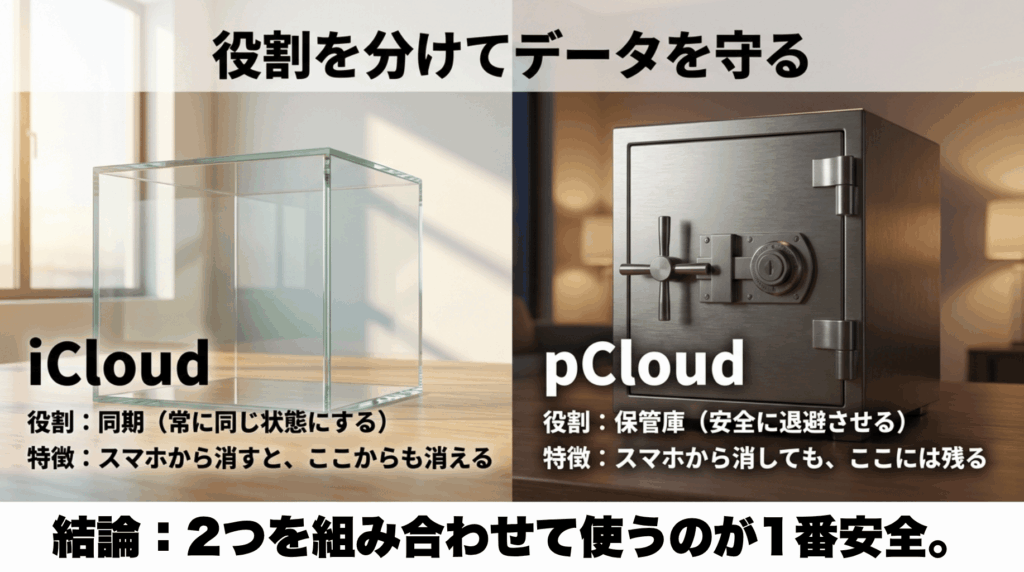 iCloudは同期用、pCloudは写真や動画の保管庫として使い分ける考え方を比較した図