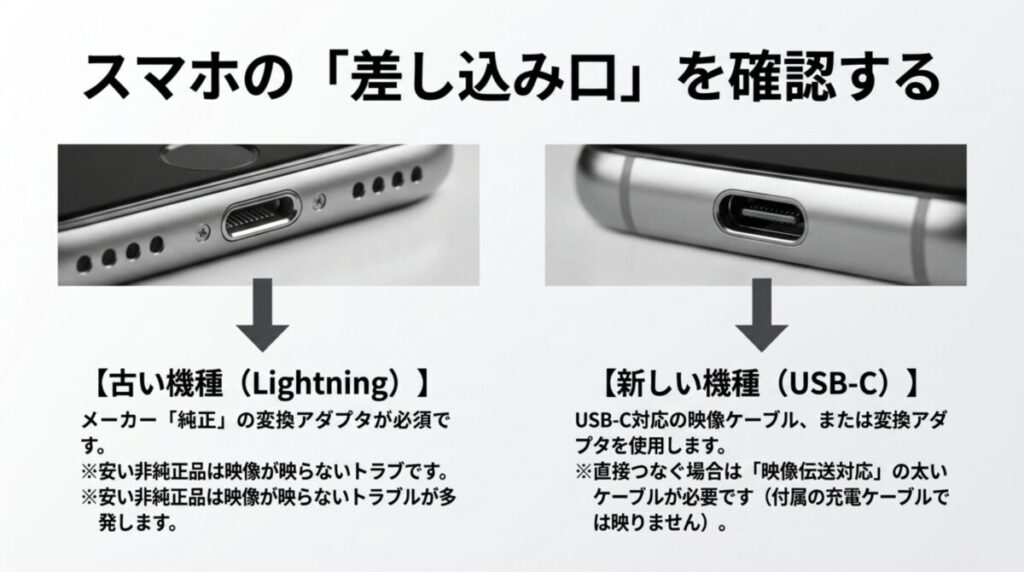 Lightning端子とUSB-C端子の違いを示し、iPhoneとプロジェクター接続に必要な変換アダプタやケーブルを説明している。