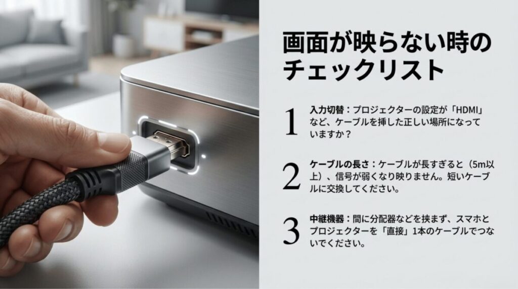 iPhoneの画面がプロジェクターに映らない時に確認すべき入力切替、ケーブルの長さ、中継機器の有無をまとめている。