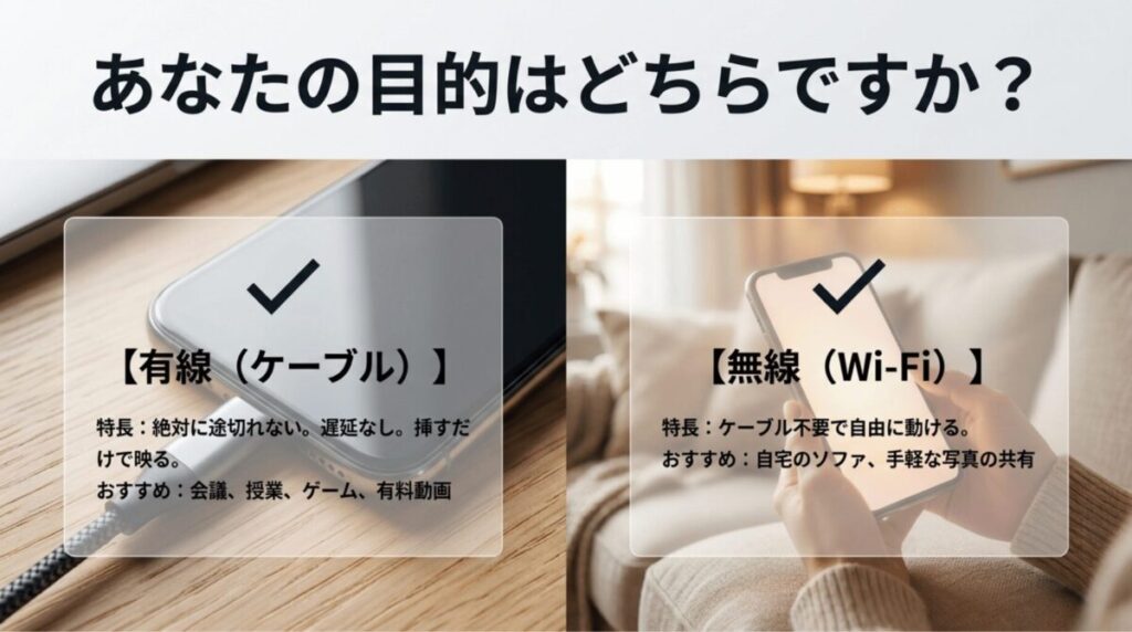 iPhoneとプロジェクターをつなぐ方法として、有線接続と無線接続の特徴やおすすめ用途を比較している。