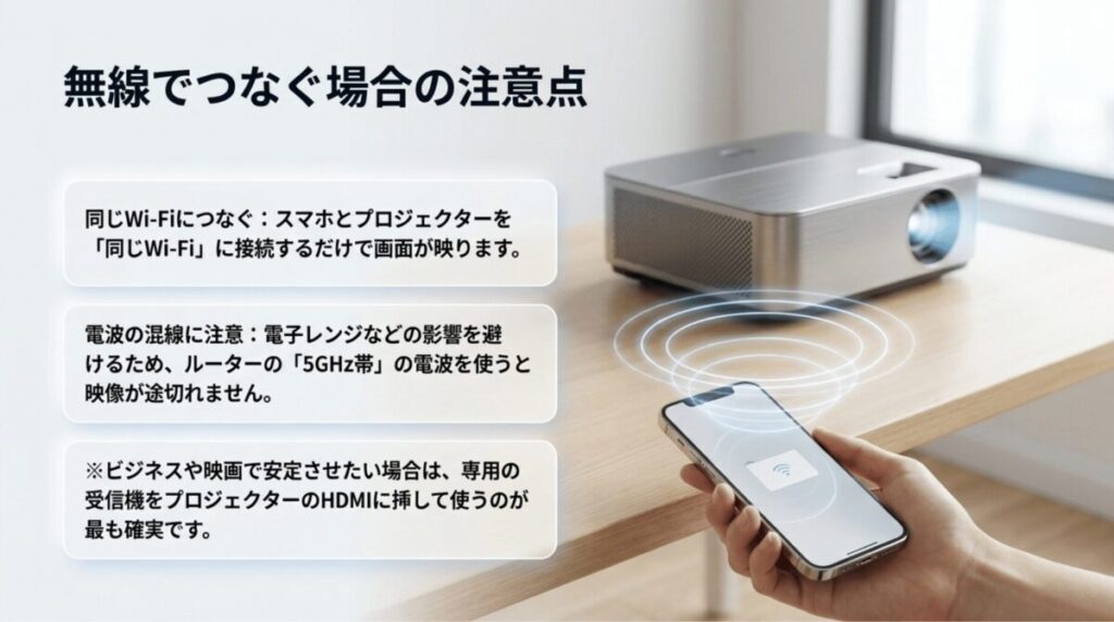 iPhoneとプロジェクターを無線でつなぐ際に、同じWi-Fiへの接続や5GHz帯の利用、受信機の活用を説明している。