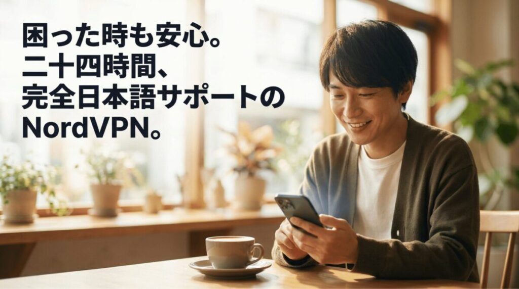 スマホで日本語サポートを利用する男性とNordVPNのサポート体制を表すイメージ
