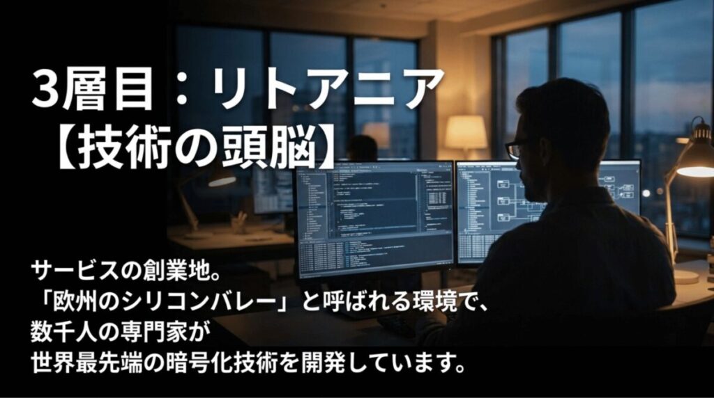 NordVPNがリトアニア発祥で、技術開発やサイバーセキュリティの中枢を担っていることを示す画像