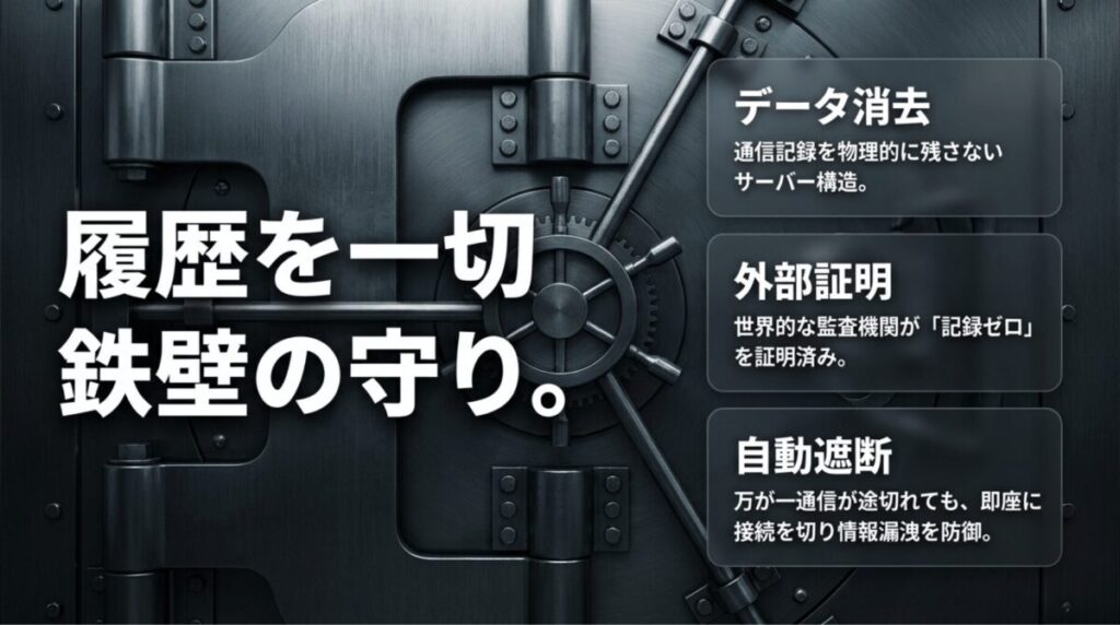 金庫の扉を背景に、データ消去、外部監査、自動遮断によるNordVPNの安全性を説明したスライド