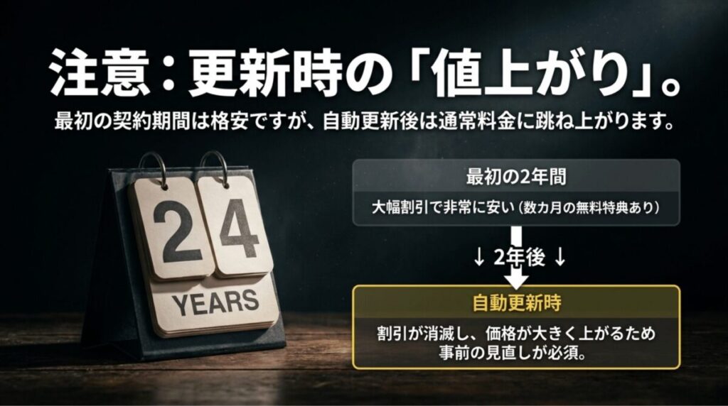 2年契約の初回割引と、自動更新時に通常料金へ上がる点を注意喚起するスライド