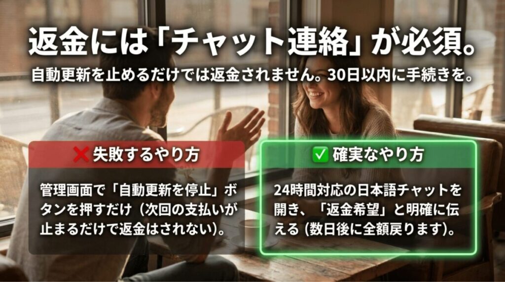 NordVPNの返金では自動更新停止だけでなく、30日以内にチャットで返金希望を伝える必要があることを説明したスライド