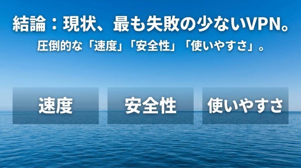 NordVPNを速度、安全性、使いやすさの3点から、失敗の少ないVPNとしてまとめたスライド