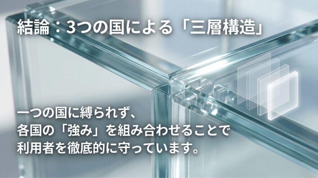 NordVPNはパナマ、オランダ、リトアニアの3つの国が役割を分担する三層構造で運営されていることを示す画像