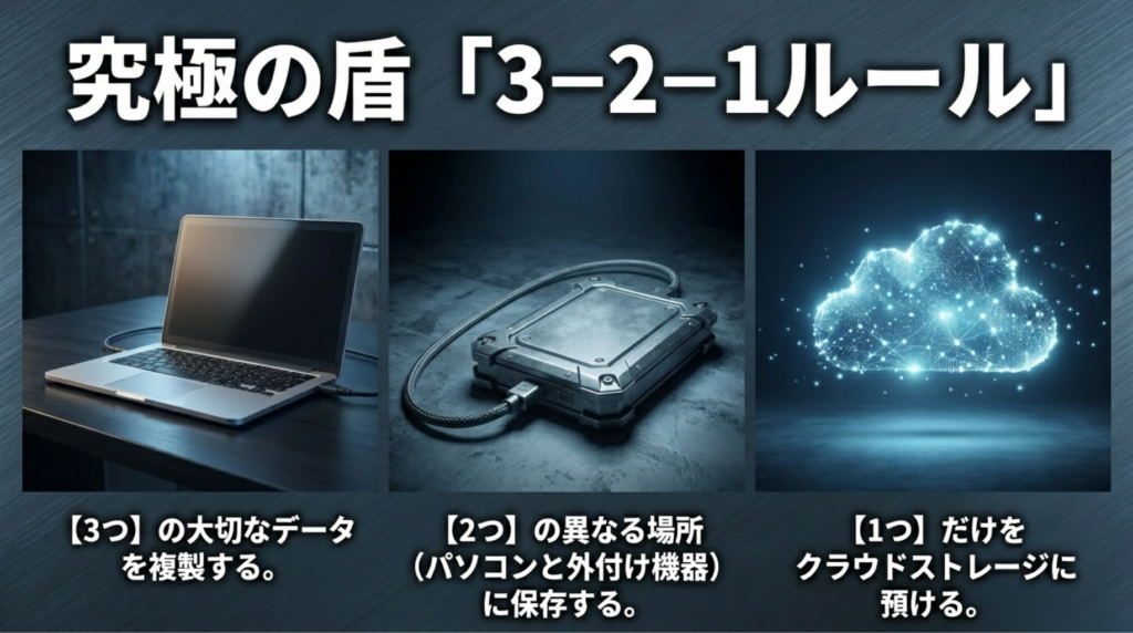 大切なデータを3つ複製し、2種類の保存先に分け、1つをクラウドに置く3-2-1バックアップを説明したスライド