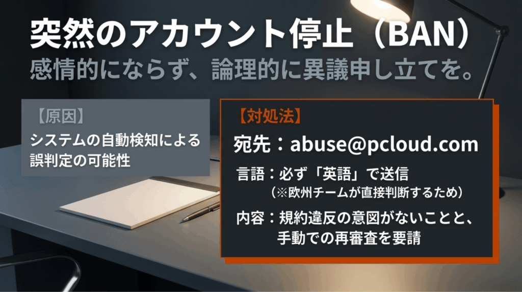 pCloudのアカウント停止は自動検知による誤判定の可能性があり、abuse@pcloud.com