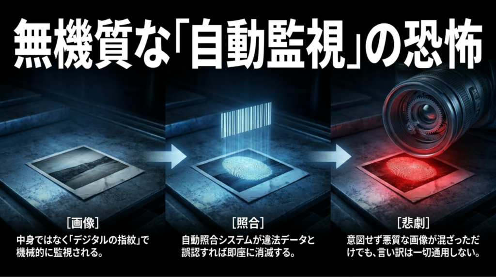 pCloudが画像の中身ではなくデジタル指紋を照合し、誤検知でもアカウント停止につながる可能性を示したスライド