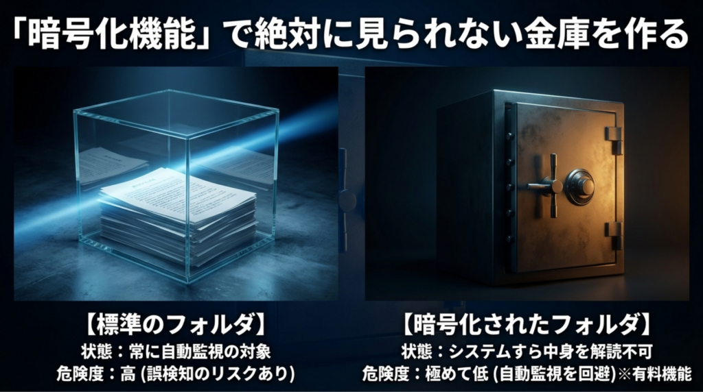 pCloud Cryptoの暗号化フォルダは標準フォルダより自動監視や誤検知リスクを抑えられることを比較したスライド