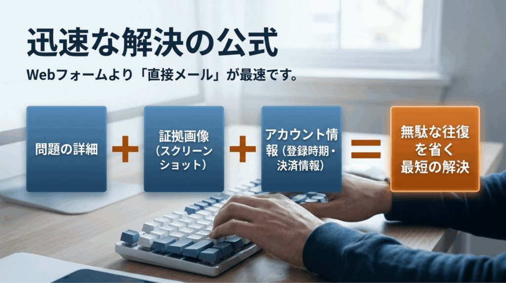 pCloudへ問い合わせる際は問題の詳細、スクリーンショットなどの証拠画像、アカウント情報を添えて直接メールすると解決が早いことを示したスライド