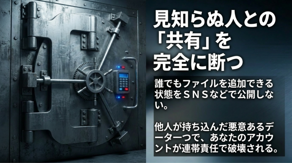 pCloudのファイルリクエストや共有フォルダを不特定多数に公開すると他人の悪意あるデータでアカウントが危険にさらされることを示したスライド