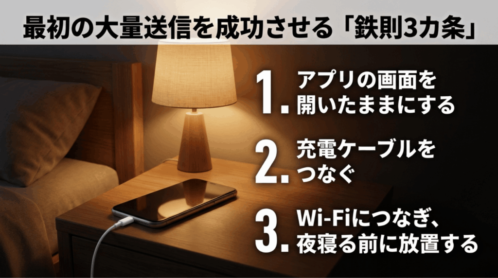 pCloudの初回バックアップではアプリを開いたまま充電し、Wi-Fiに接続して夜間に放置することを示した図