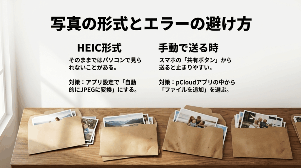 HEIC形式はJPEG変換、手動アップロードは共有ボタンではなくpCloudアプリから追加する対策をまとめた図