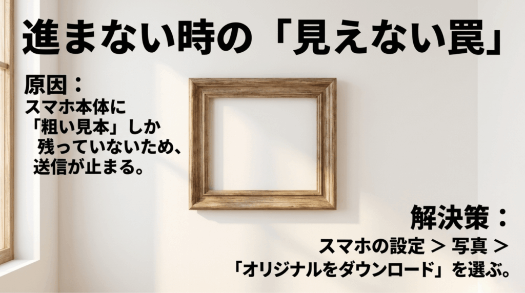 iPhone本体に粗い見本しか残っていないためpCloudの送信が止まり、オリジナルをダウンロードして解決する説明図