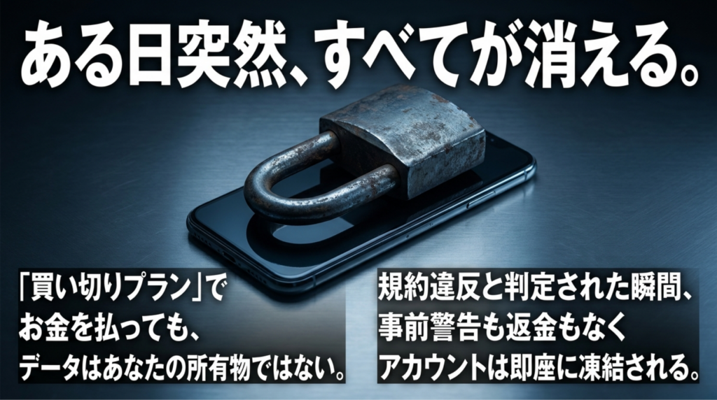 pCloudの買い切りプランでも規約違反と判定されると警告や返金なしに凍結される可能性を示したスライド