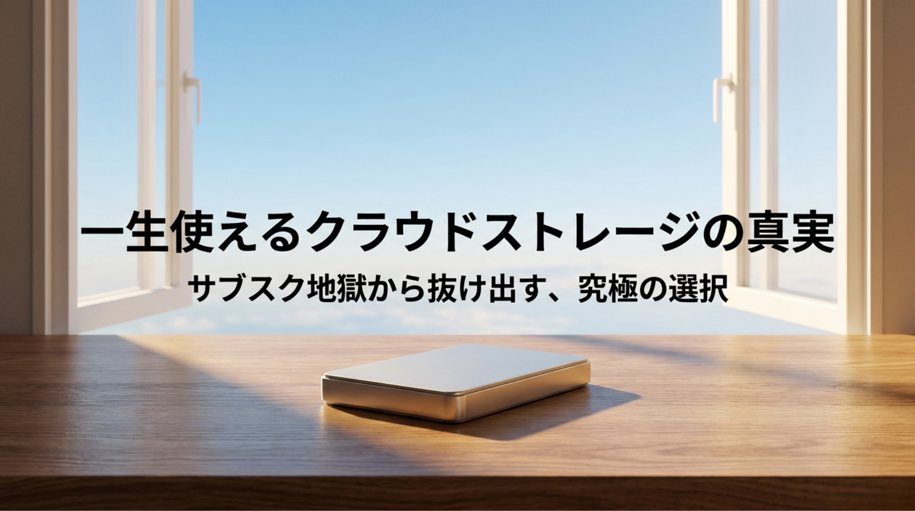 窓辺の外付けストレージとともに、pCloudの買い切りクラウドストレージの魅力を紹介する記事冒頭用スライド