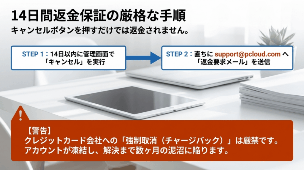 pCloudの返金は14日以内にキャンセル後、support@pcloud.comへ返金要求メールを送り、チャージバックは避けるべきことを示したスライド