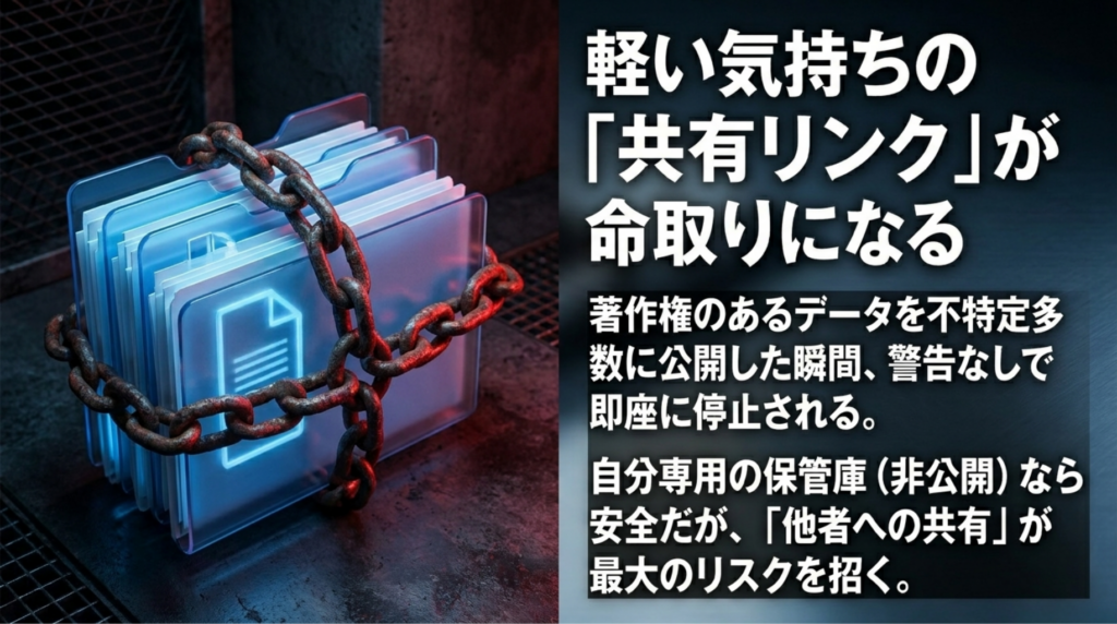 pCloudで著作権のあるデータを共有リンクで公開するとアカウント停止リスクが高まることを示したスライド