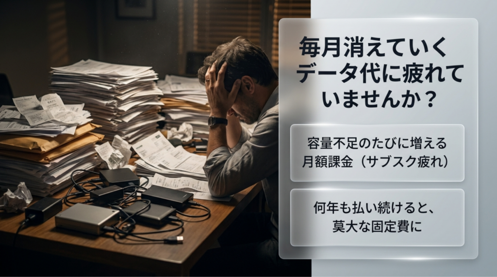 毎月増えるクラウドストレージ料金や容量不足に悩むユーザーの課題を表したスライド