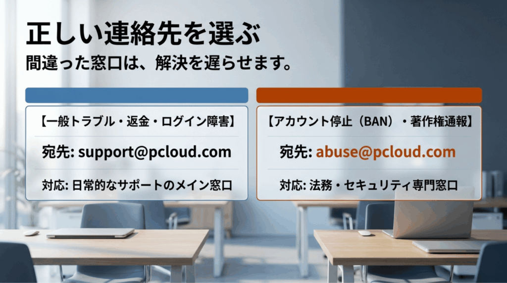 pCloudの一般トラブルや返金はsupport@pcloud.com、アカウント停止や著作権通報はabuse@pcloud.comへ連絡することを示したスライド