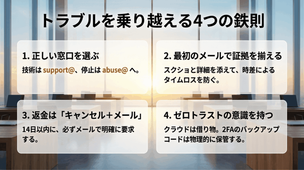 pCloudの問い合わせでは正しい窓口を選び、証拠を揃え、返金はキャンセルとメールをセットで行い、2FAコードを物理保管することをまとめたスライド