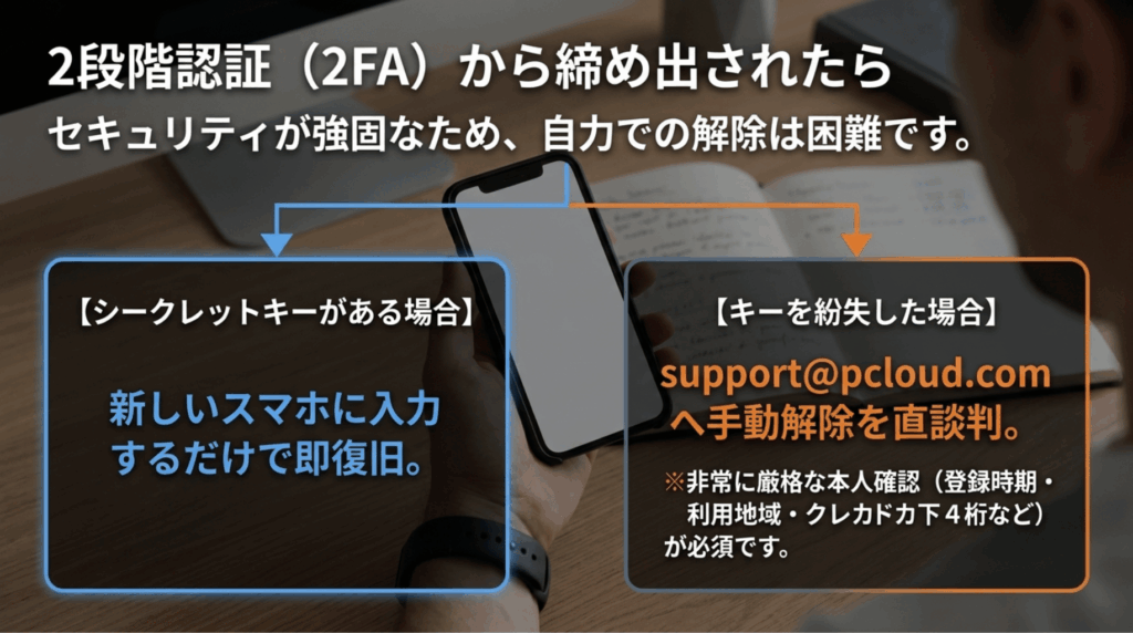 pCloudの二段階認証でログインできない場合、シークレットキーがあれば復旧でき、紛失時はsupport@pcloud.comへ本人確認情報を添えて解除依頼することを示したスライド