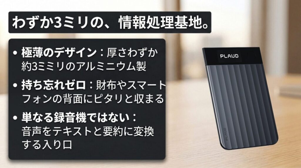 厚さ約3ミリのカード型AIボイスレコーダーPlaud Noteが、録音だけでなく文字起こしや要約に使えることを説明するスライド