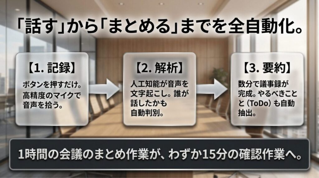 Plaud Noteが会議音声を記録し、AIで文字起こしと話者識別を行い、要約やToDo抽出まで自動化する流れを示したスライド