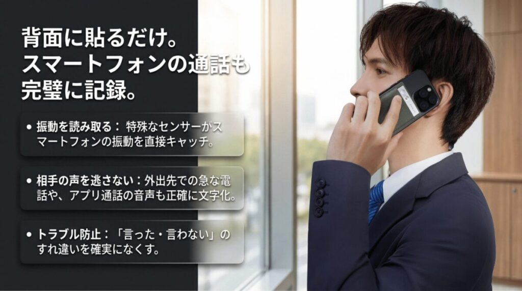 Plaud Noteをスマートフォン背面に貼ることで、通話音声を振動センサーで記録できる仕組みを説明するスライド