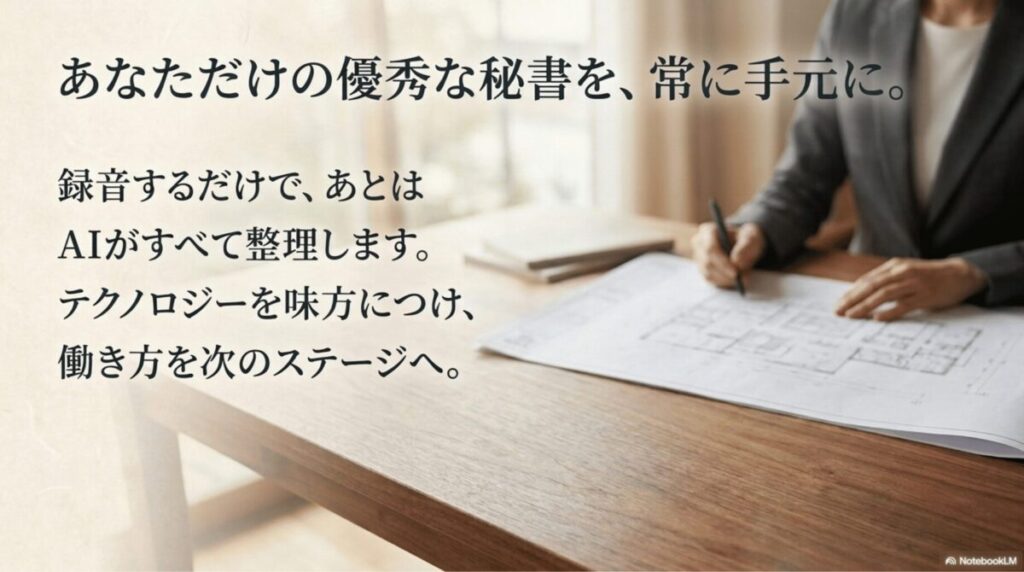 PLAUD NOTE PROは録音するだけでAIが会議内容を整理し、働き方を次のステージへ進めることを表現したまとめスライド