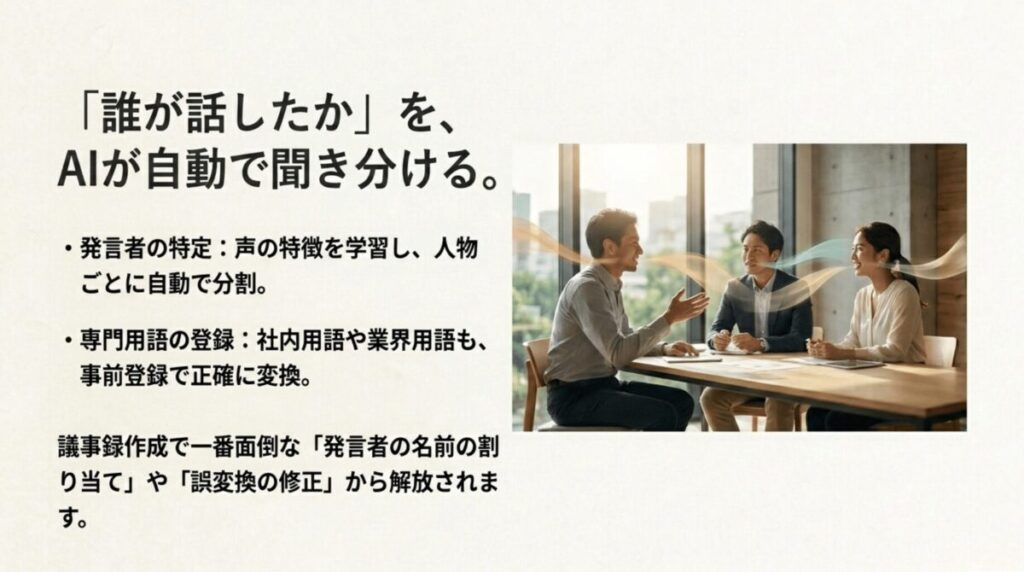 PLAUD NOTE PROが発言者の声の特徴を学習して自動で聞き分け、専門用語も事前登録できることを説明するスライド