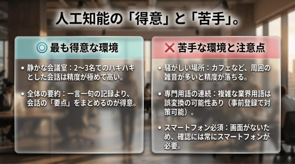 静かな会議室では高精度に文字起こしできる一方、騒音や専門用語が多い環境では精度が下がる点をまとめたスライド