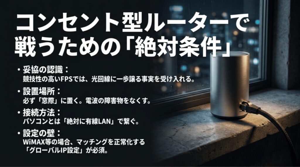 コンセント型ホームルーターでオンラインゲームをする際の妥協点、設置場所、有線接続、グローバルIP設定をまとめたスライド
