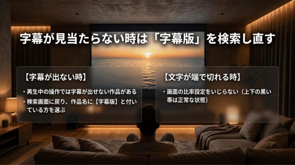 プロジェクターでアマプラの字幕が表示されない時は、再生中設定だけでなく字幕版タイトルを検索し直す必要があることを示した画像