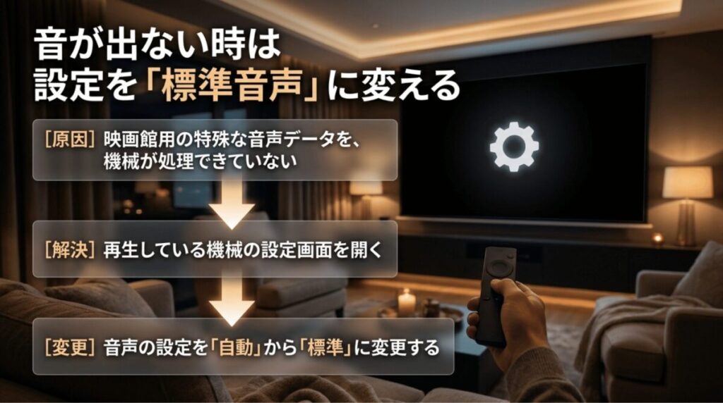 アマプラの音が出ない原因として特殊な音声データを機器が処理できない場合があり、音声設定を標準音声に変更する流れを説明した画像