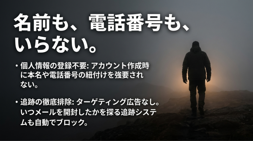 名前や電話番号なしで登録でき、ターゲティング広告や開封トラッキングも防げるProton Mailの匿名性を示したスライド